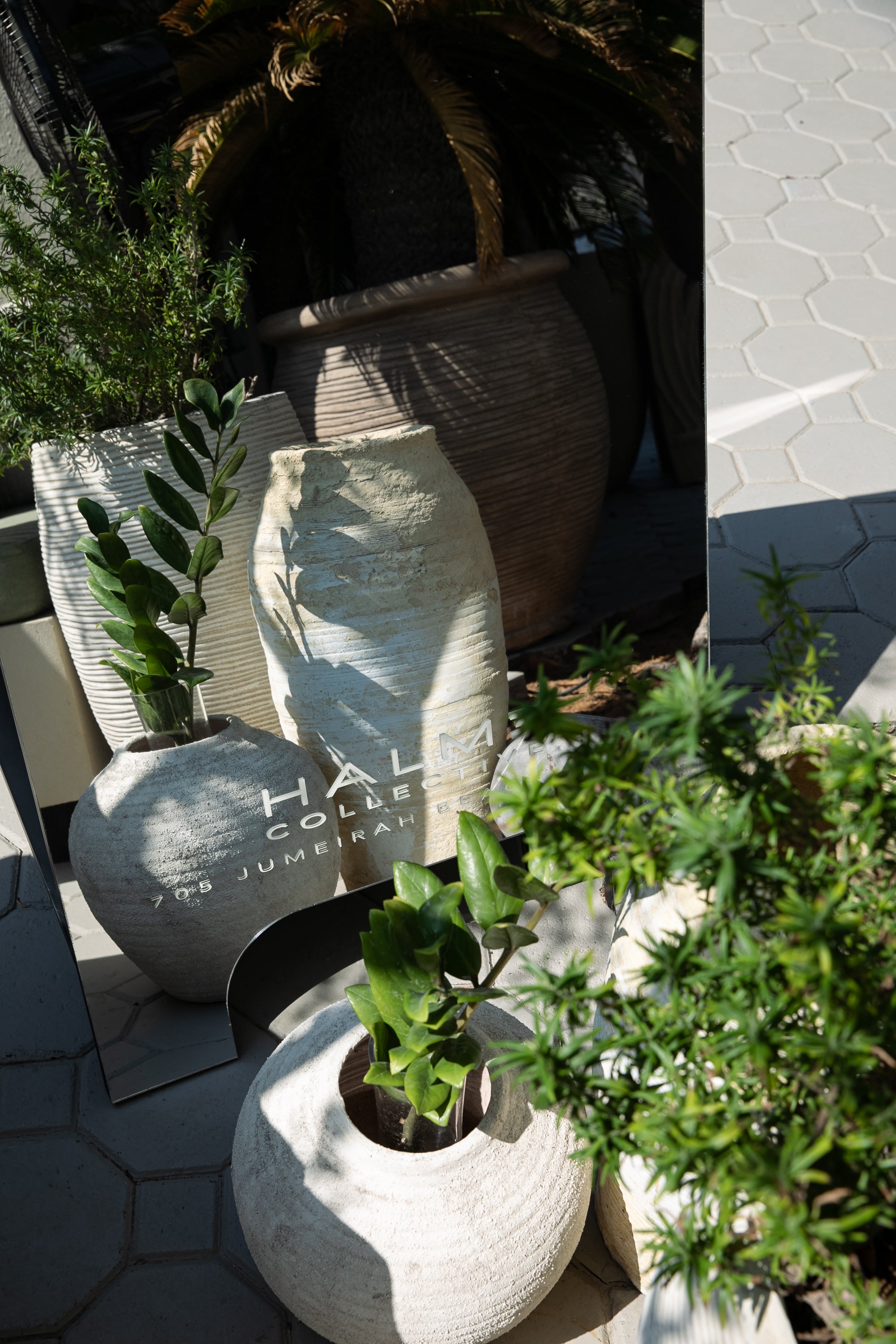 Decorative planters with plants on a patio area in lush garden with a mirror.