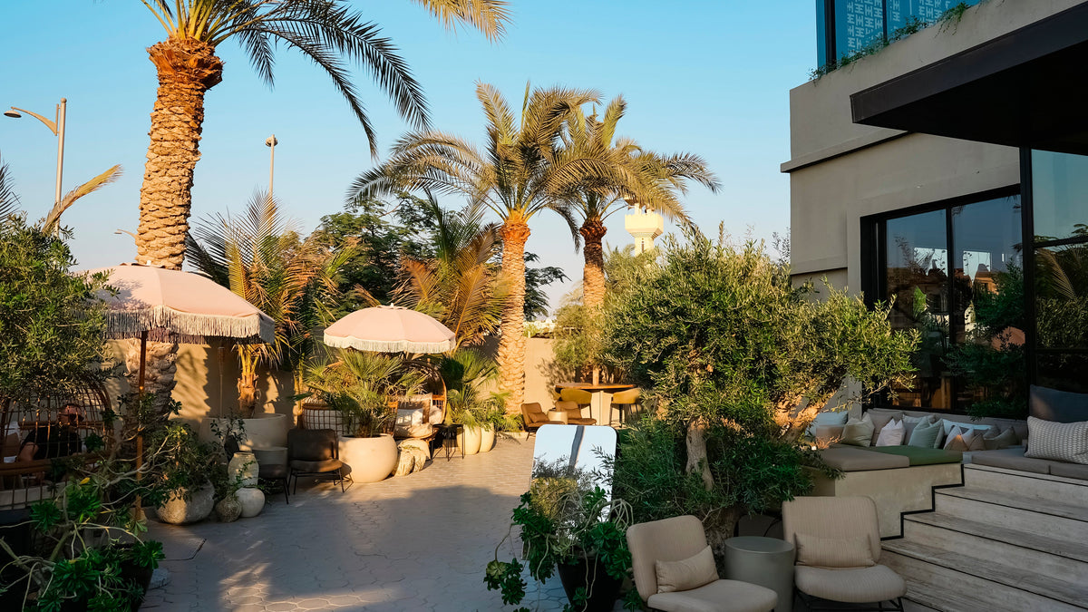 Outdoor patio area with palm trees, chairs, and a building in the background.