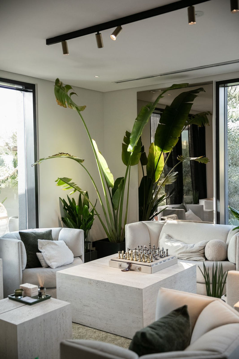 HALM  living room with large plants, white furniture, and a chessboard on a coffee table.